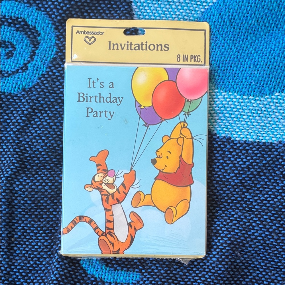 Vintage Disney Winnie the Pooh & Tigger Blue Birthday Party Invitations